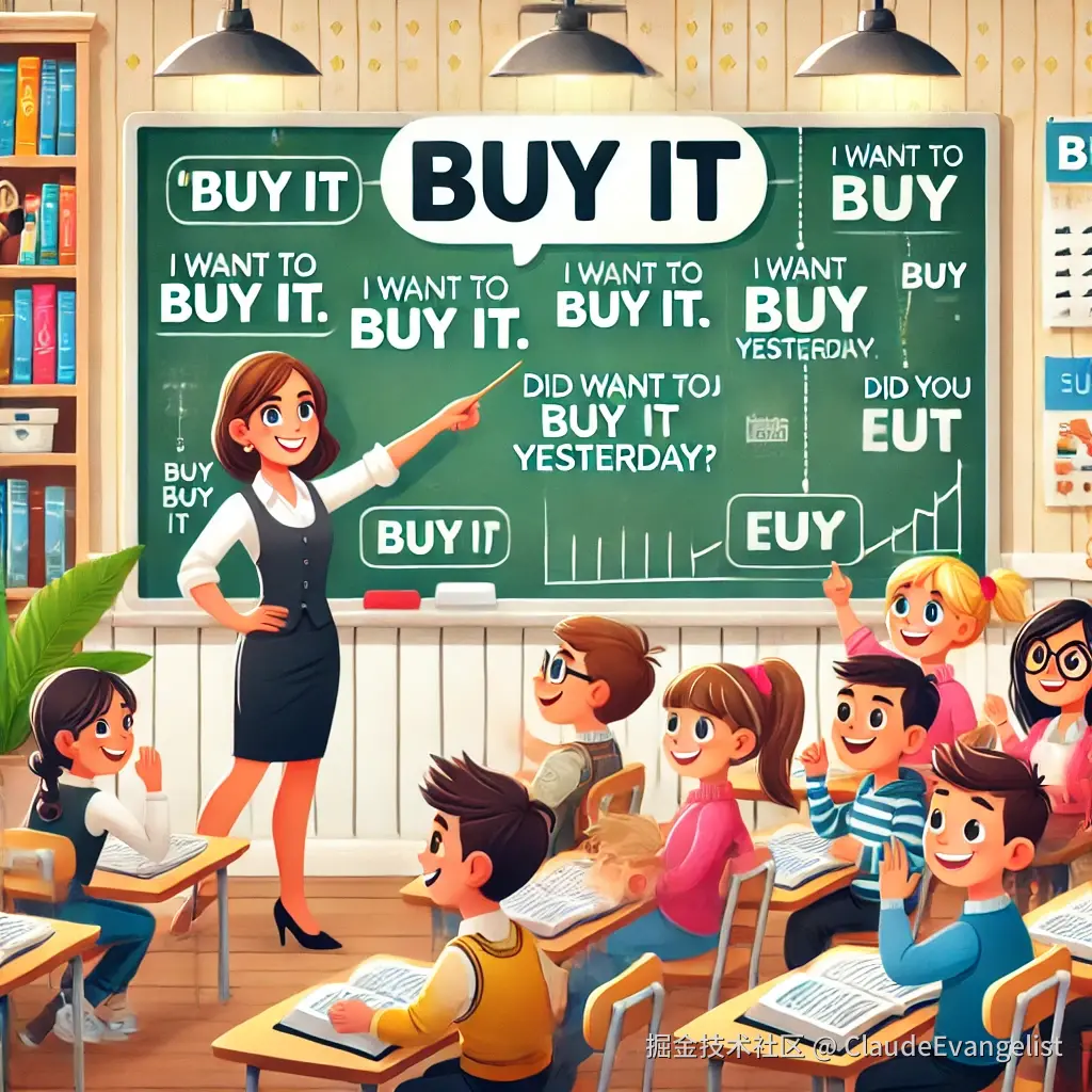 DALL·E 2024-11-24 23.06.49 - An educational illustration for a language learning article about the English phrase 'buy it'. The image shows a cheerful classroom setting with a tea.webp