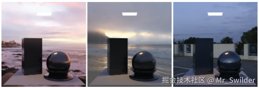 图10.16：同一个场景在不同的环境光照下的渲染结果。