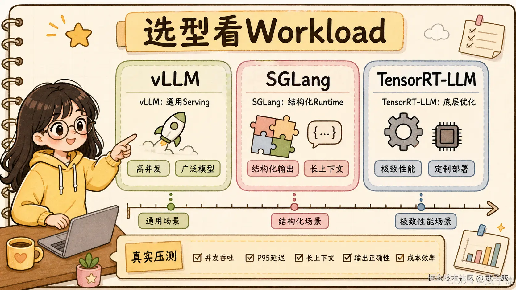 选型看 Workload：vLLM 通用 serving / SGLang 结构化 runtime / TensorRT-LLM 底层优化，按真实压测决策