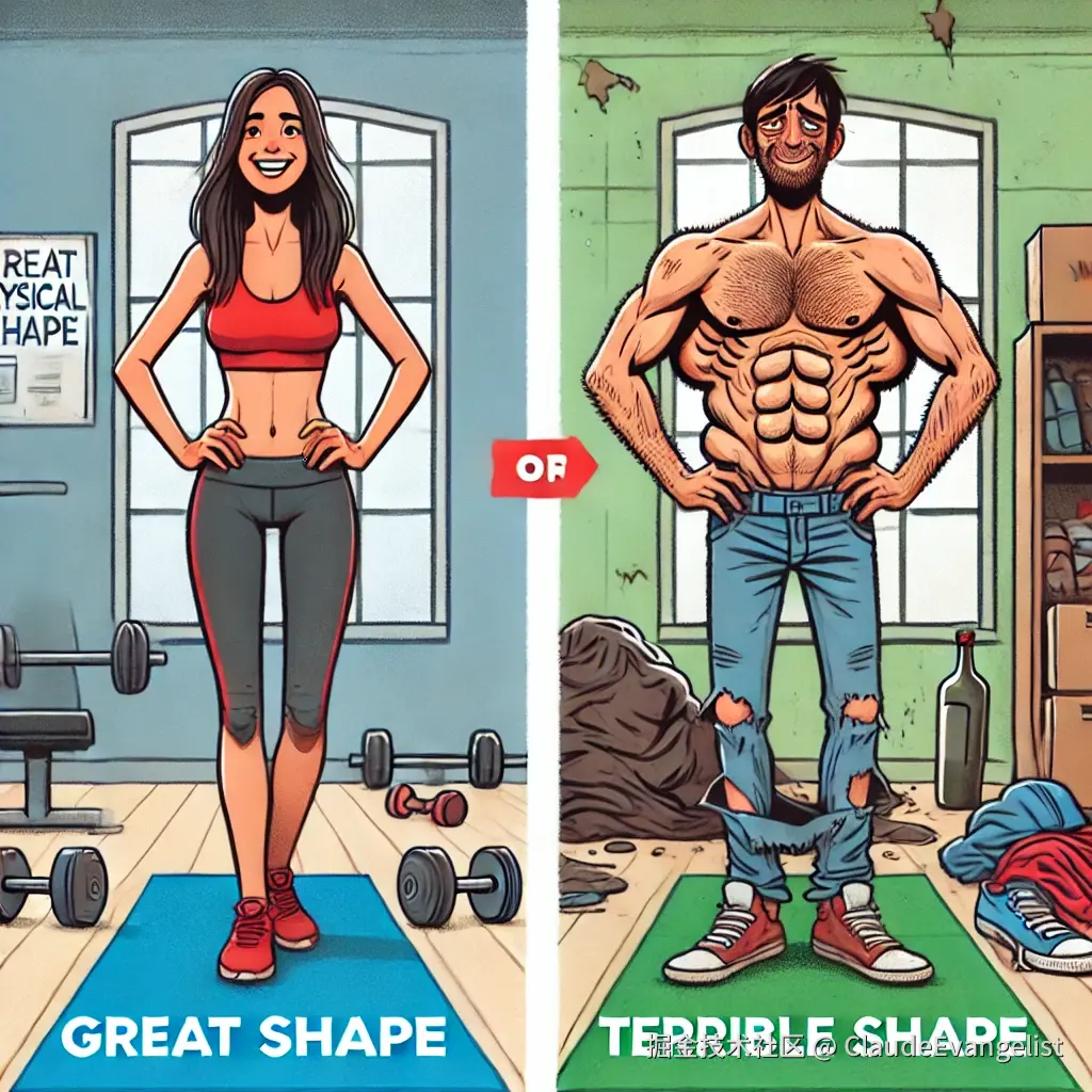 DALL·E 2024-12-15 09.18.26 - An illustration showing two contrasting images side by side. On the left side, a person in great physical shape, smiling, wearing workout clothes, wit.webp