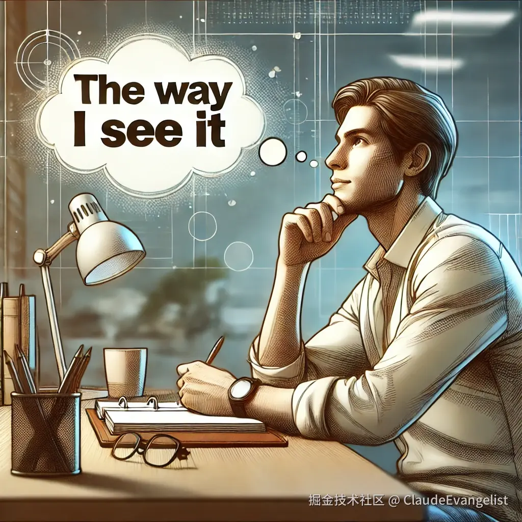 DALL·E 2024-11-15 22.47.48 - A thoughtful person sitting at a desk, looking at a notebook or computer screen with a speech bubble saying 'The way I see it'. The person appears to .webp