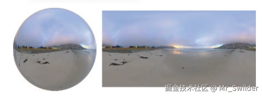 图10.26：球面贴图（左）和 经纬度映射 格式的等效贴图（右）。