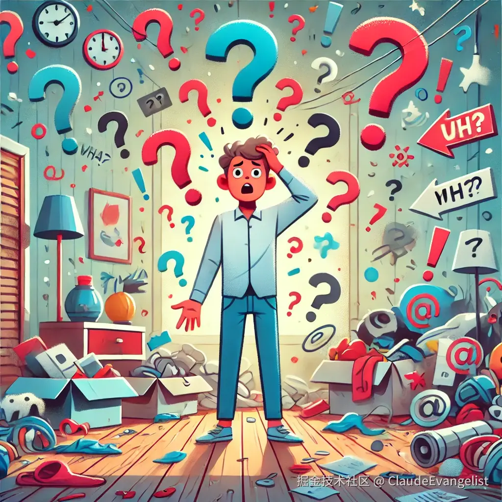 DALL·E 2024-11-24 13.21.47 - A whimsical illustration of a person standing in a cluttered, chaotic room, looking surprised and scratching their head, with floating question marks .webp