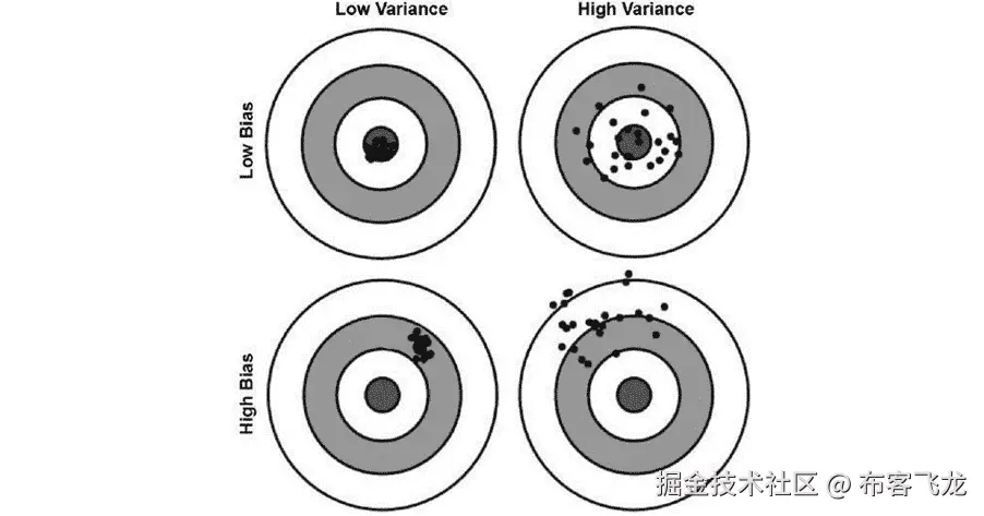 图 6.4：具有高偏差和低偏差的数据显示点的视觉表示