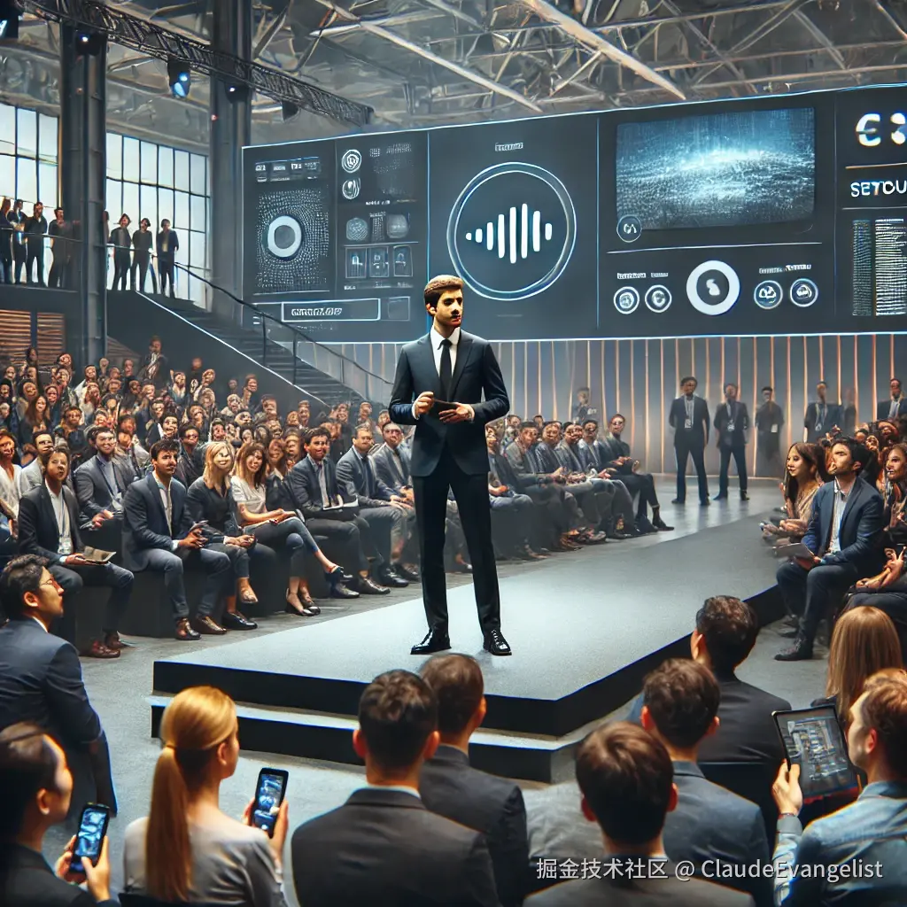 DALL·E 2024-09-18 21.48.21 - A professional speaker presenting a new tech product at a company event, standing on a stage in front of a large audience. The speaker is speaking slo.webp