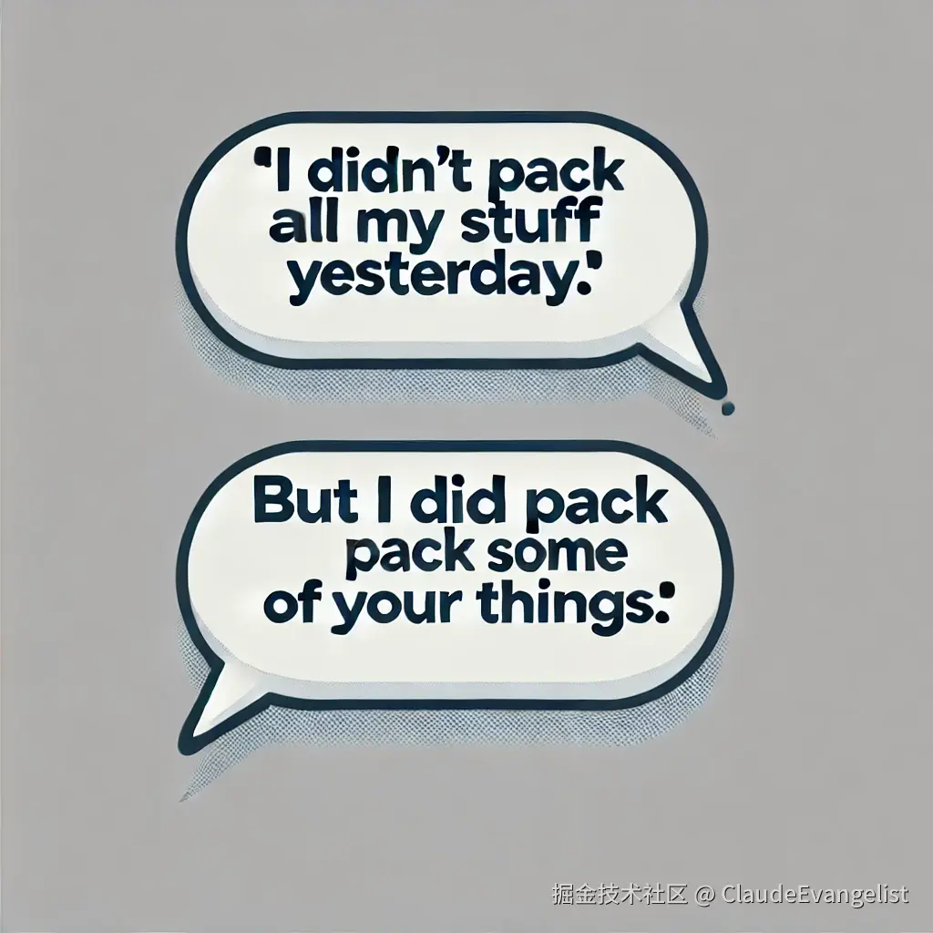 DALL·E 2024-09-01 16.29.26 - A clean, simple illustration of two speech bubbles. The first bubble contains a sentence_ 'I didn't pack all my stuff yesterday.' It is light grey, re.webp