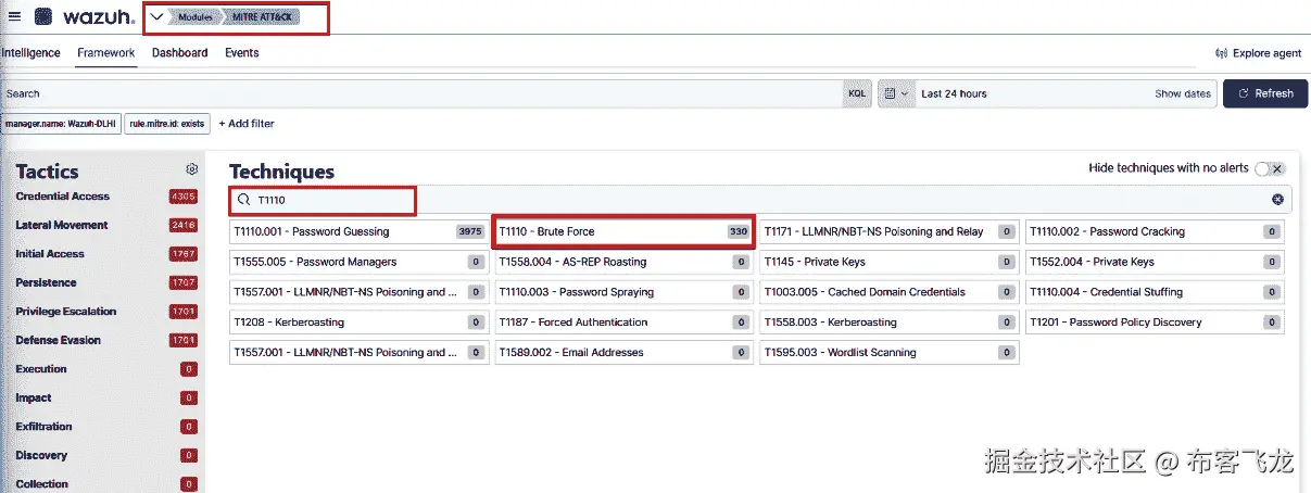 图 6.25 – Wazuh 中的 MITRE ATT&CK 可视化