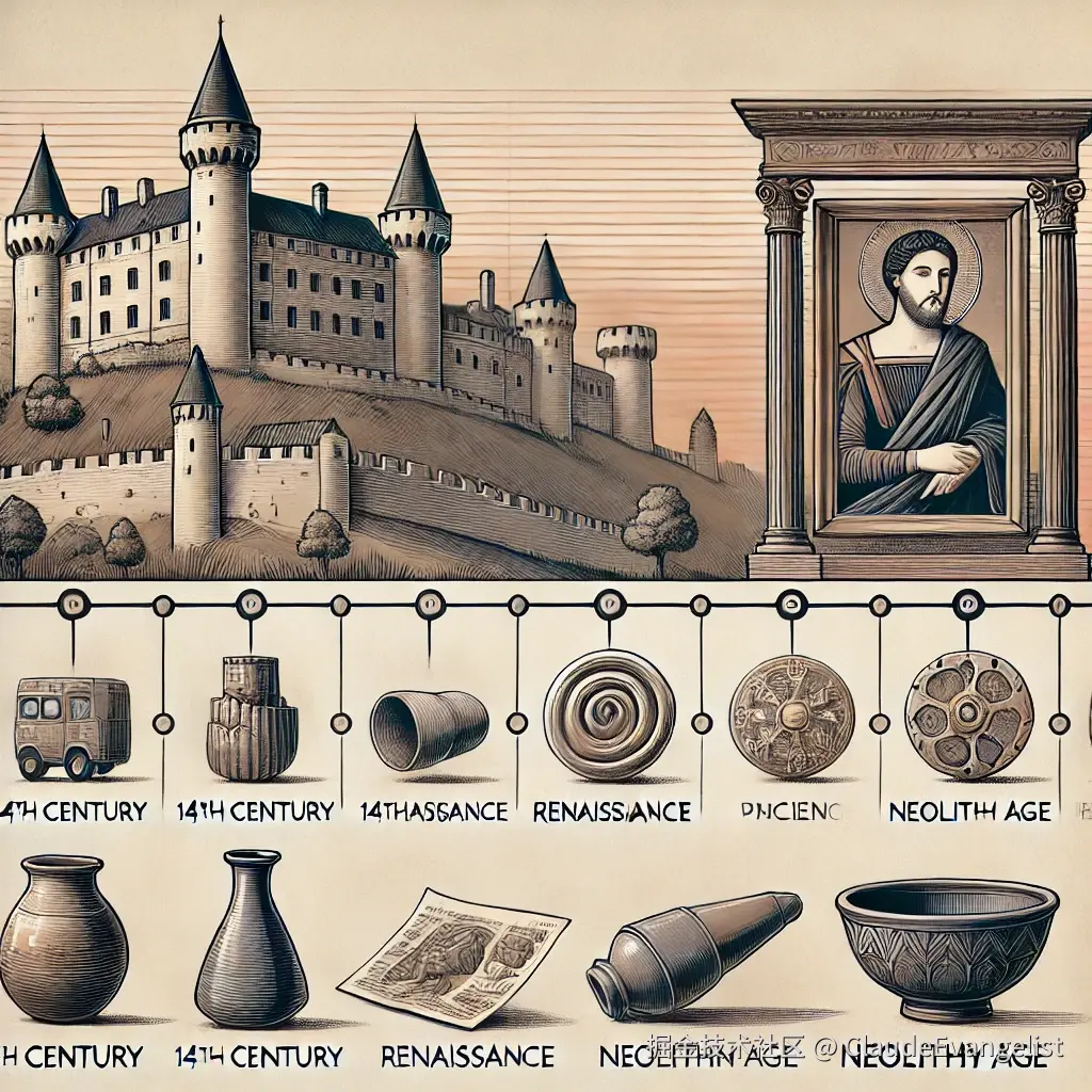 DALL·E 2024-11-22 20.55.15 - An illustration showcasing a timeline featuring a castle from the 14th century, a Renaissance painting, and ancient pottery. The timeline should be la.webp