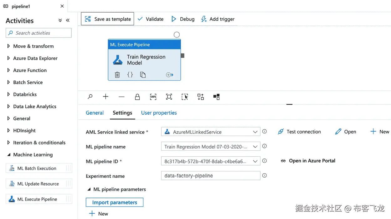 图 8.6 – Azure Data Factory 与 Azure Machine Learning 活动