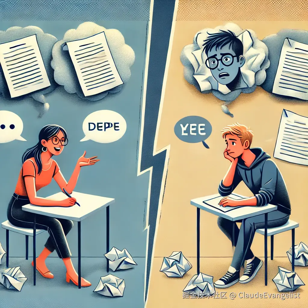 DALL·E 2025-01-04 21.09.30 - A conceptual illustration depicting the gap between speaking and writing in language learning. On the left, a person is confidently speaking in a conv.webp