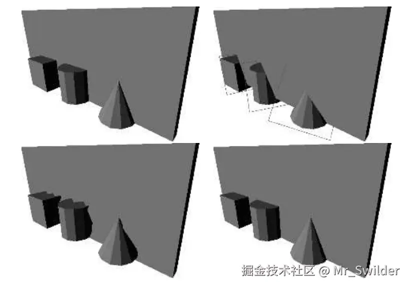 图13.16：左上角的图像展示了一个简单的场景，该场景使用几何图形进行渲染。右上角的图像创建了对应的impostor，并将其用于立方体、圆柱体和锥体的渲染，该图像展示了这样做会发生什么。下面两幅图像则展示了使用深度sprite时的效果。其中左下角中的深度sprite使用2 bit的深度偏差，而右下角中则使用了8 bit的深度偏差。 [1550]
