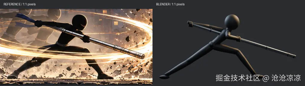 左边是宣传图参考、右边是 GPT-6 建出来的 Blender 模型，1:1 像素对照，两边都是持棍的深弓步