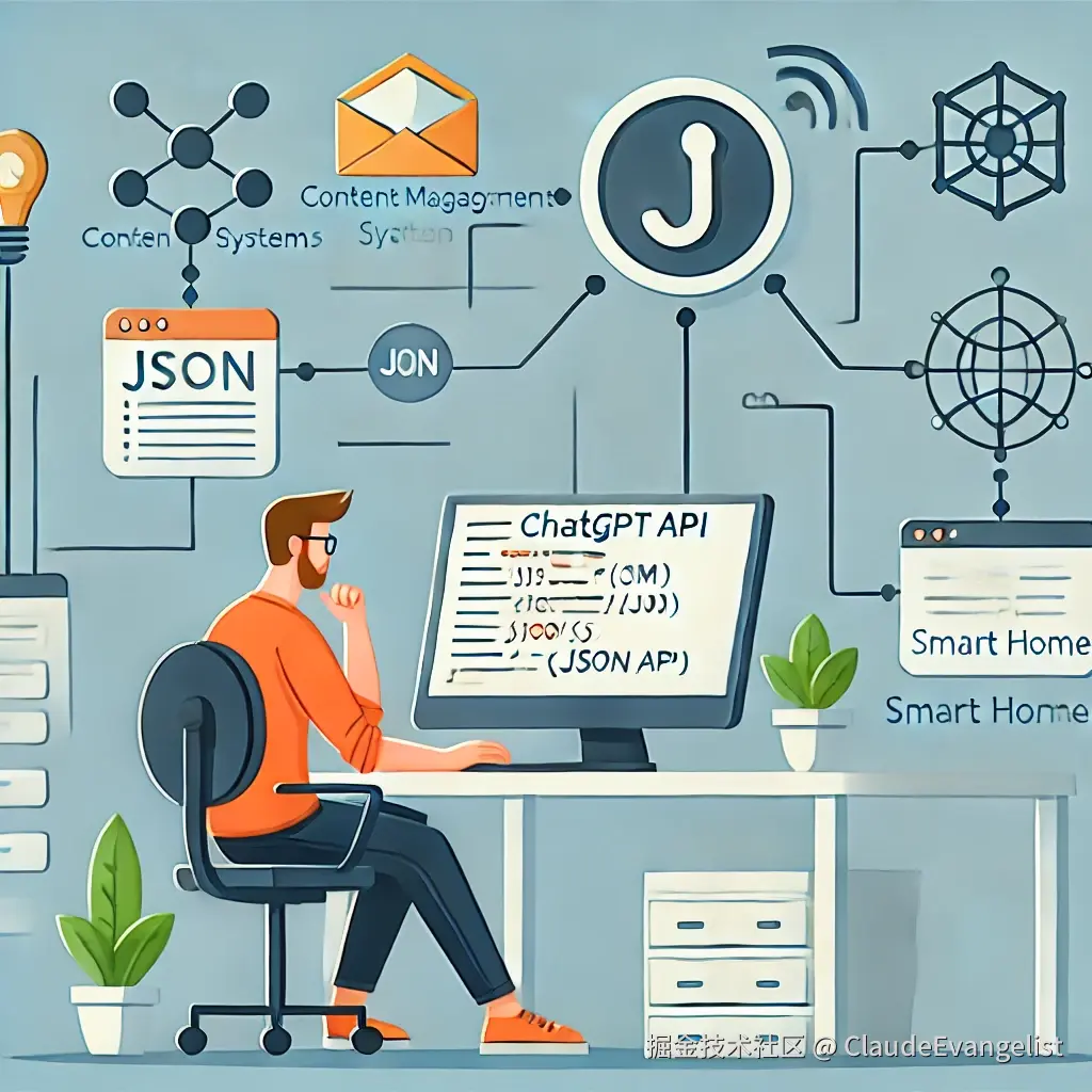 DALL·E 2024-08-07 21.10.55 - An illustration depicting a developer working on integrating ChatGPT API with a system. The developer is seated at a desk with a computer displaying J.webp