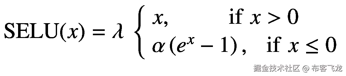 $$ \mathrm{SELU}(x)=\lambda \kern0.24em \left\{\begin{array}{l}x,\kern2.52em \mathrm{if}\;x>0\\ {}\alpha \left({e}^x-1\right),\kern0.72em \mathrm{if}\;x\le 0\end{array}\right. $$