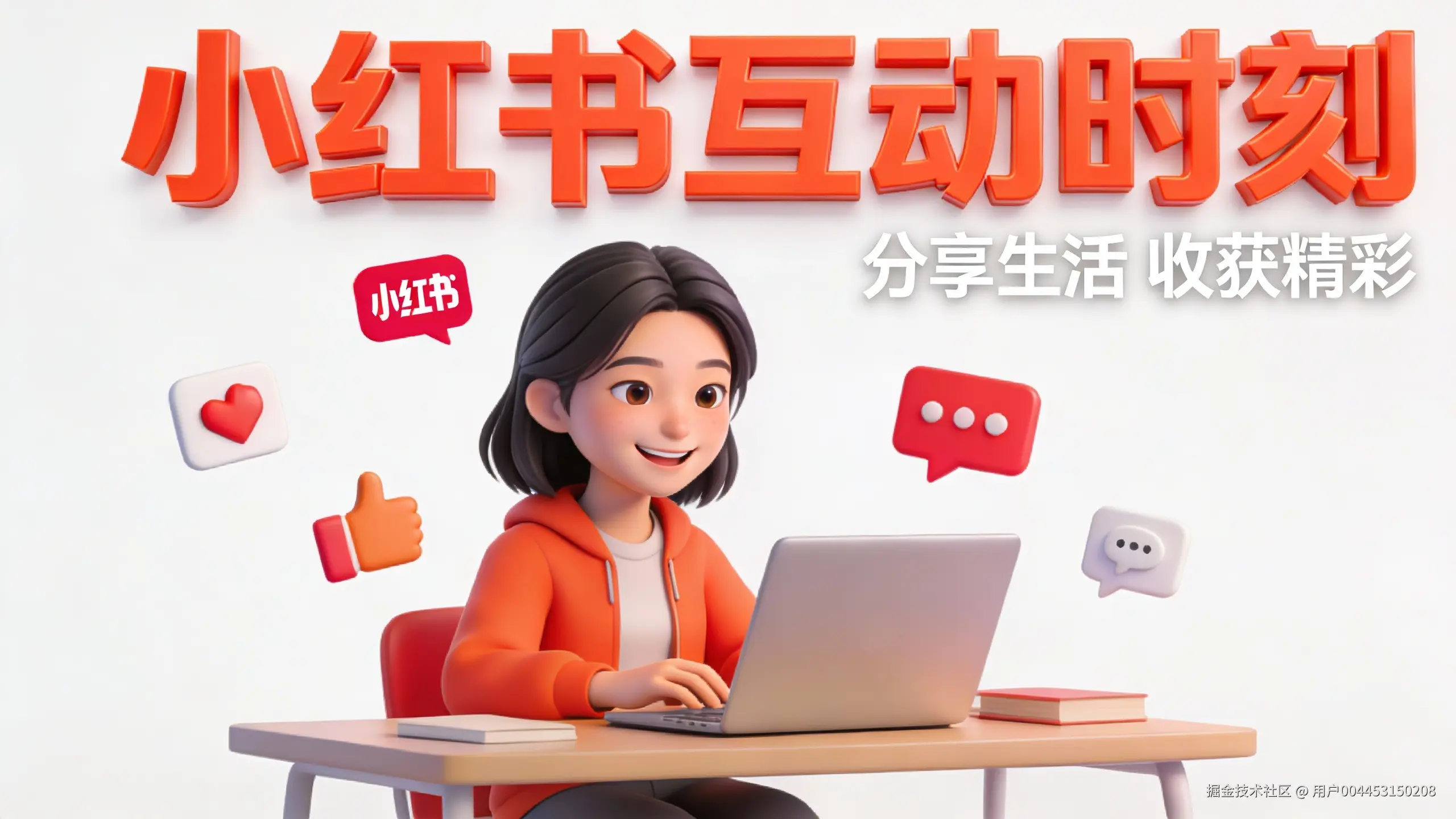一位坐在书桌前的亚洲年轻女性，面带微笑地看着笔记本电脑，周围漂浮着小红书的点赞、收藏、评论图标。背景干净，3D样机风格，主色调为白色和橙红色。