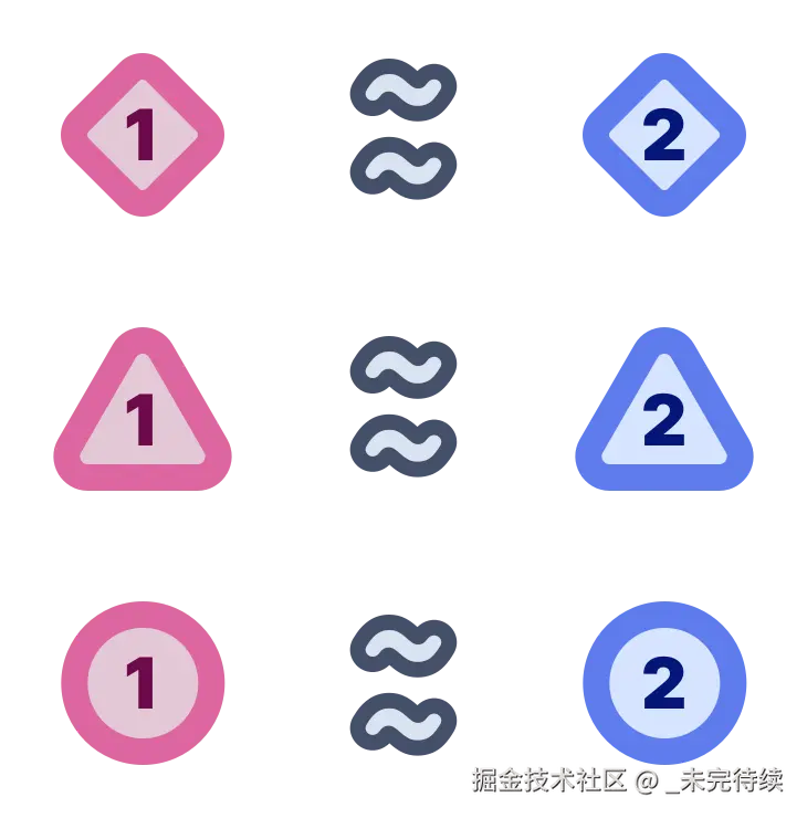 红色钻石与蓝色钻石大致相同，就像红色三角形与蓝色三角形大致相同，红色圆圈与蓝色圆圈大致相同