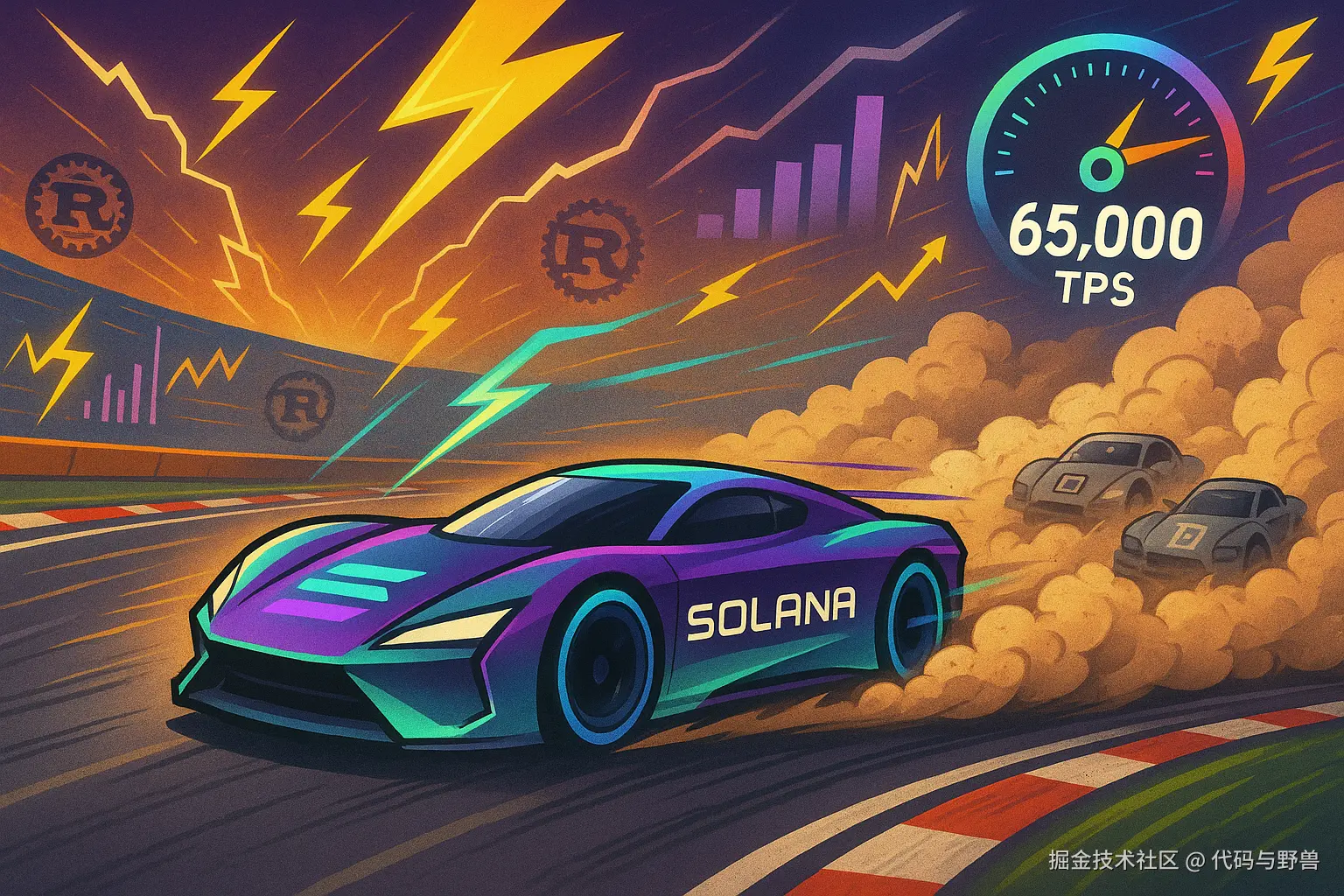 An_energetic_and_dynamic_racingthemed_illustration_representing_Solana_s_performance_advantage_as_a_futuristic_highspeed_vehicle_on_a_racing_track_Solana_is_depicted_as_a_sleek_futuristic_car_with_a_purple_and_green_gradient_design_leaving_.png