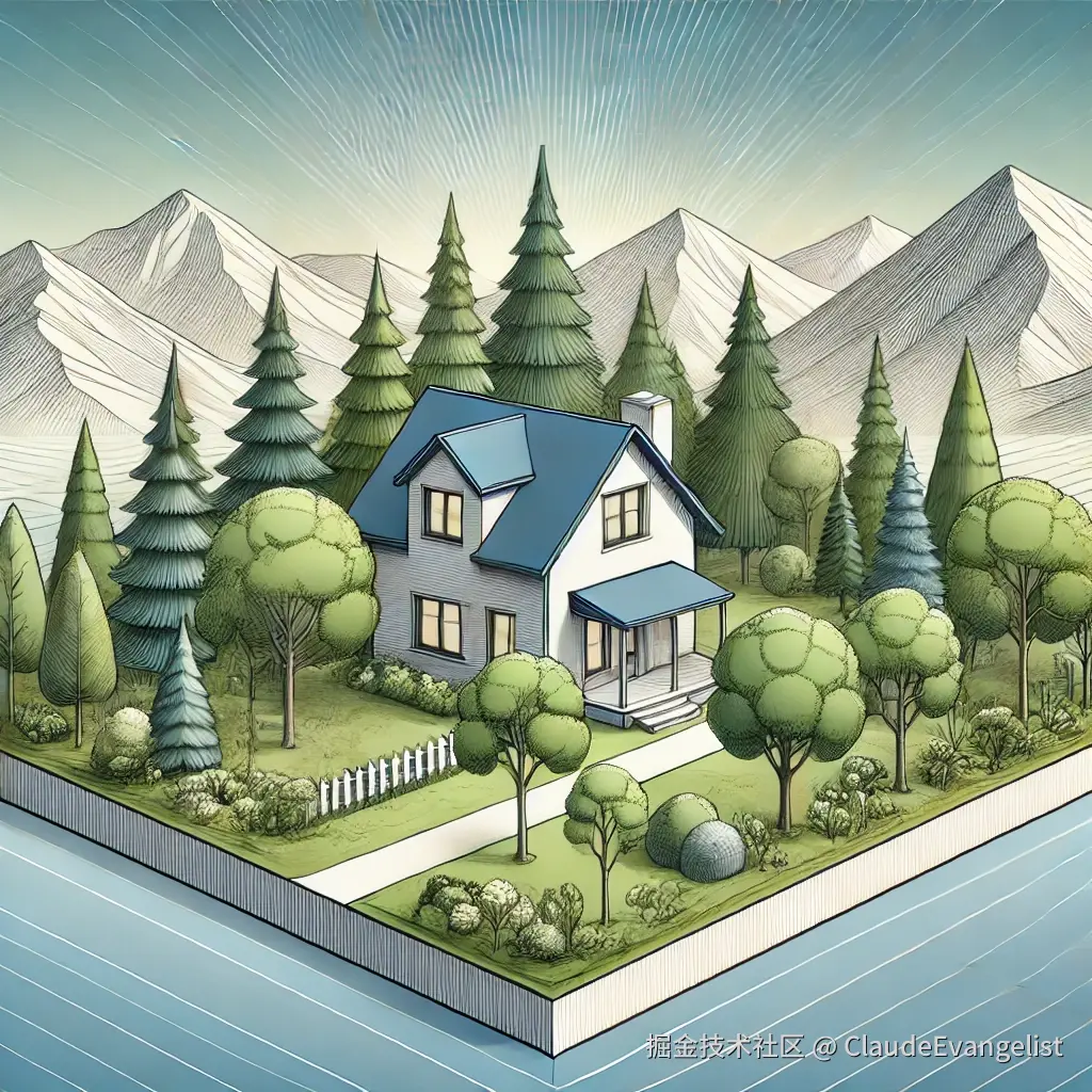 DALL·E 2024-12-07 00.12.03 - An illustration showing a house surrounded by trees and mountains, with a peaceful and natural environment around it. The house is clearly surrounded,.webp