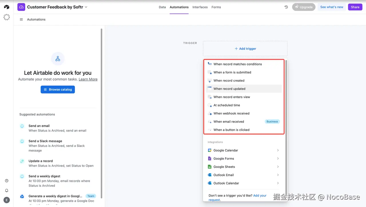 Airtable currently has 9 default trigger conditions
