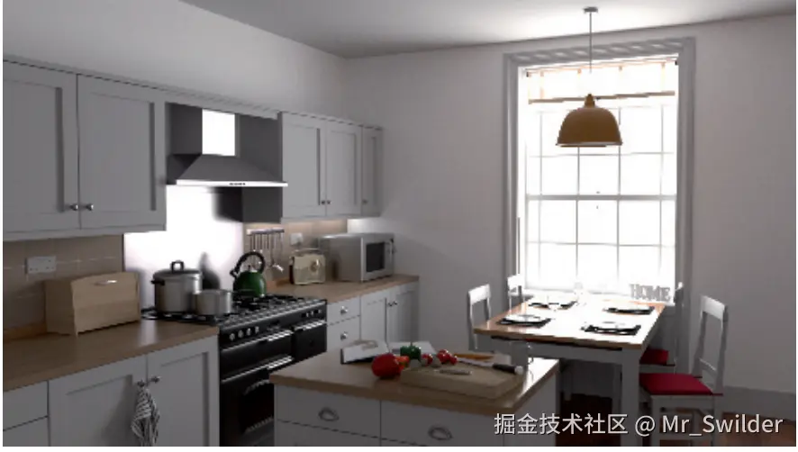 图11.3：路径追踪可以生成照片级逼真的图像，但是其计算成本较高。上面图像中的每个像素都使用了超过2000条路径（2000spp），每个路径长达64段（深度，即反弹次数）。它花费了两个多小时来进行渲染，但是仍然会表现出一些轻微的噪声。 [149]