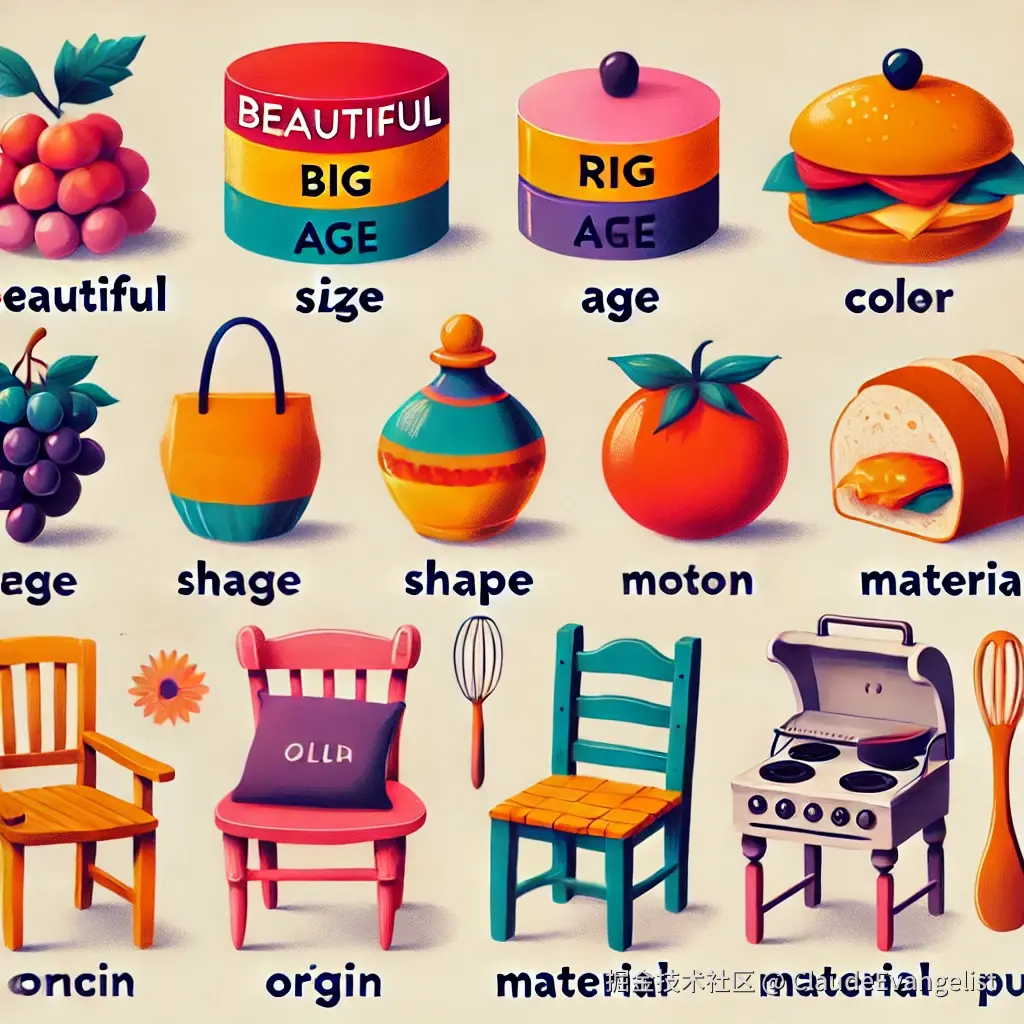 DALL·E 2025-01-06 23.26.33 - A colorful and educational illustration showing the correct order of adjectives in English. The image should feature a series of objects labeled with .webp