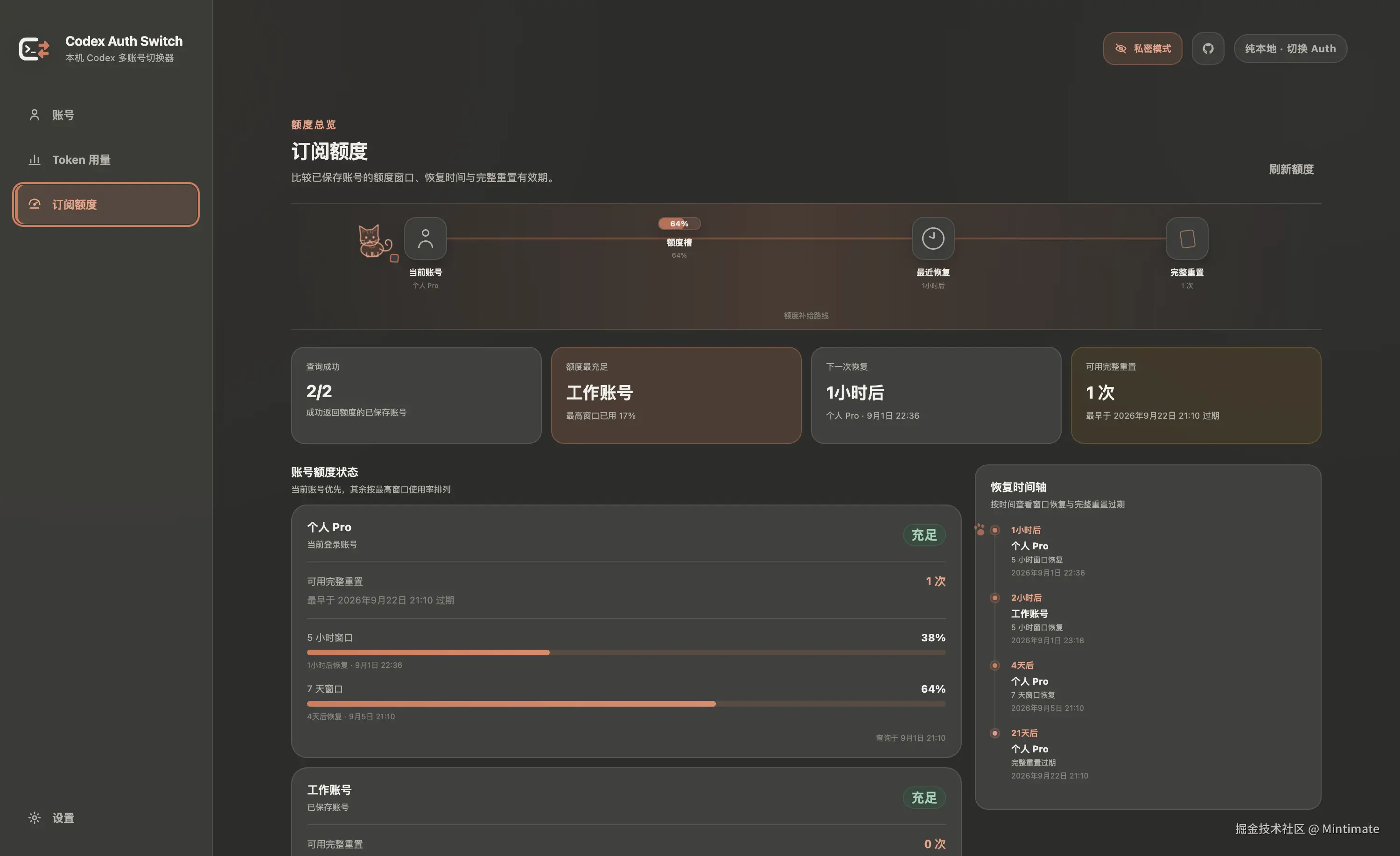 Codex Auth Switch 订阅额度巡检与恢复时间线