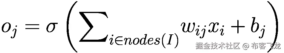 {o}_j=\sigma \left({\sum}_{i\in nodes(I)}{w}_{ij}{x}_i+{b}_j\right)