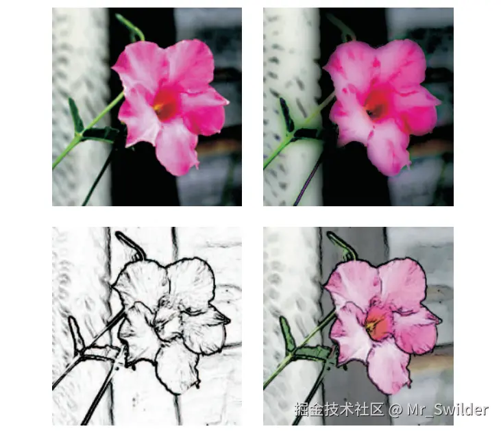 图12.5：使用像素着色器进行图像处理操作。其中左上角为原始图像，在其基础上进行了各种处理。右上角为高斯差分运算（Gaussian difference operation），左下角为边缘检测，右下角为边缘检测与原始图像混合后的合成图像。