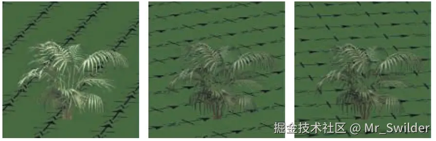 图13.11：当观察者在场景中移动时，灌木广告牌会发生旋转以面向前方。在这个例子中，灌木从南面被照亮，因此不断变化的视野会使得整体着色随着旋转而发生变化。