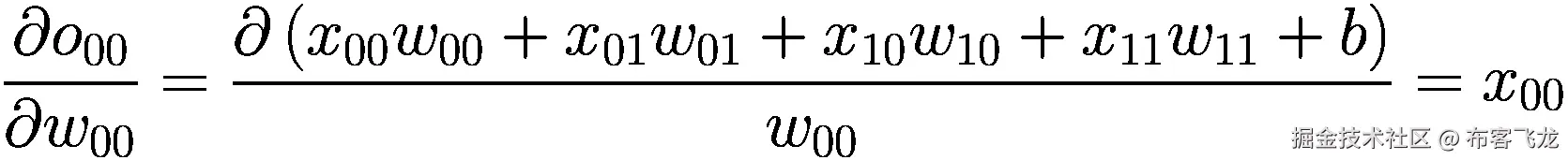 \frac{\partial {o}_{00}}{\partial {w}_{00}}=\frac{\partial \left({x}_{00}{w}_{00}+{x}_{01}{w}_{01}+{x}_{10}{w}_{10}+{x}_{11}{w}_{11}+b\right)}{w_{00}}={x}_{00}