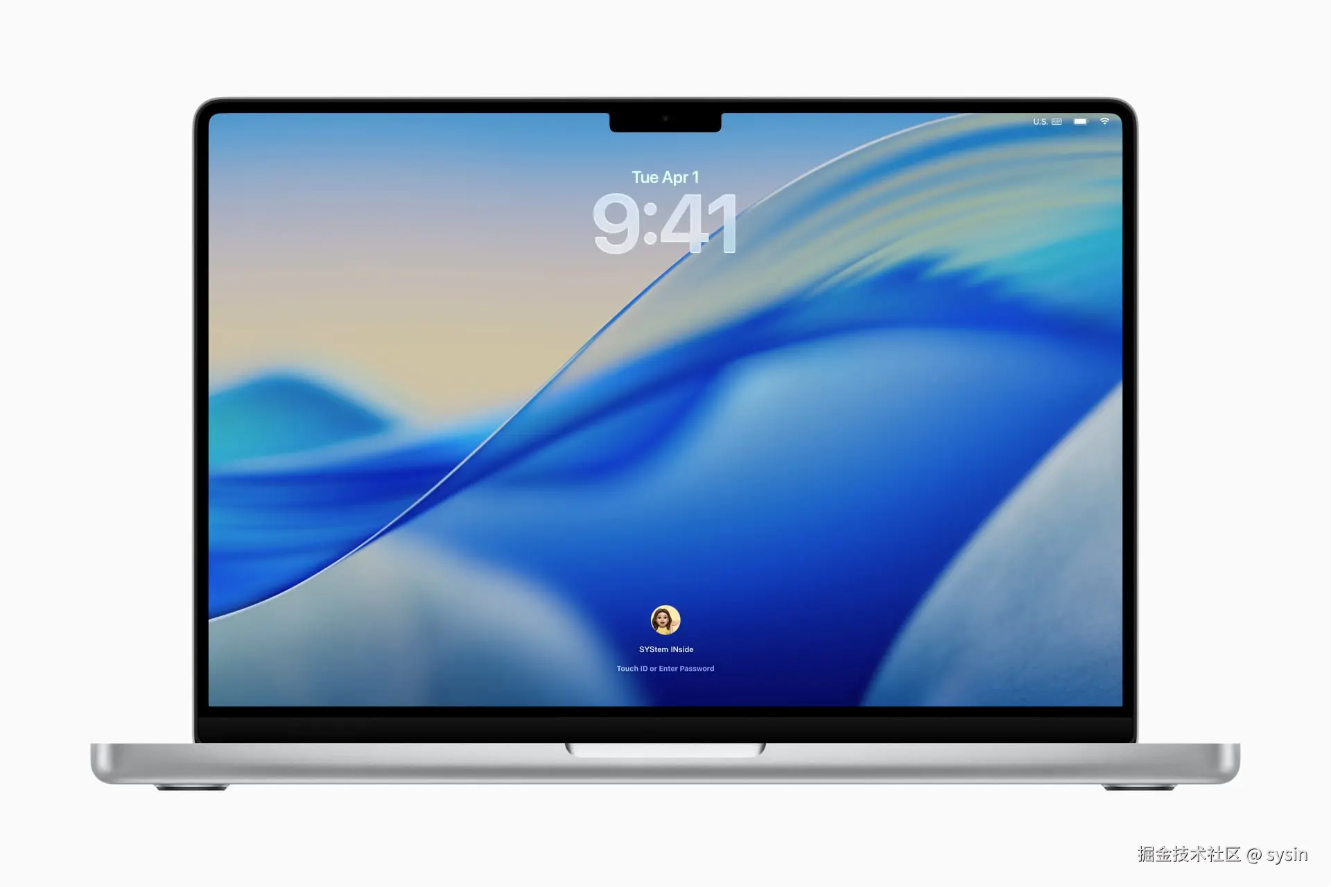 一台 16 英寸 MacBook Pro 上显示着 macOS Tahoe 中设计一新的锁定屏幕。