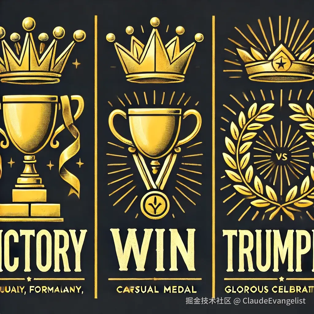 DALL·E 2024-10-07 11.45.11 - An illustration comparing the concepts of victory, win, and triumph. Victory is depicted as a grand, formal trophy with a crown on top, symbolizing fo.webp