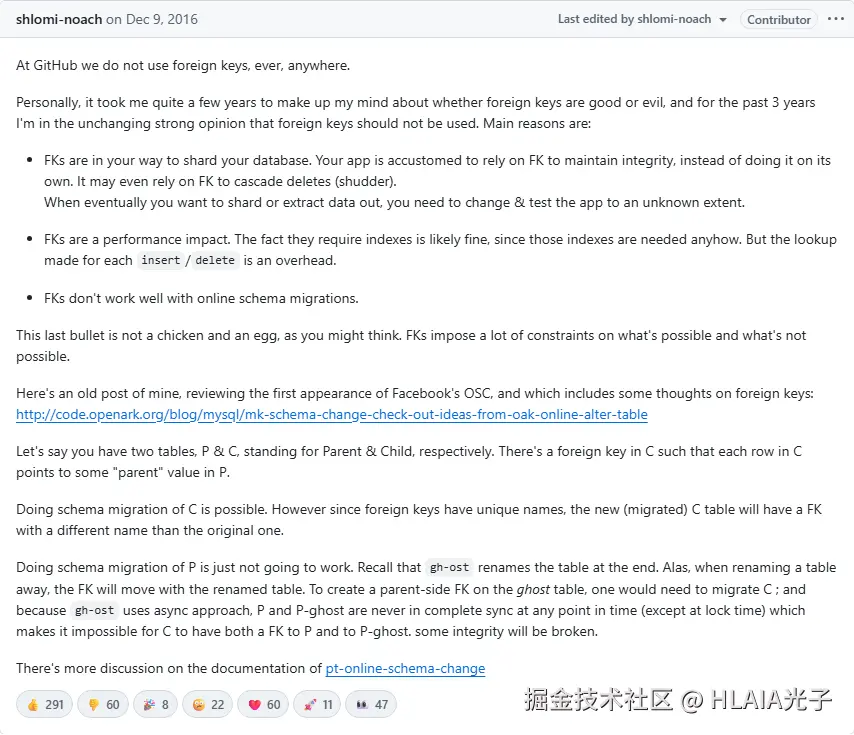 GitHub gh-ost Issue #331 — GitHub 工程师明确表示不使用外键