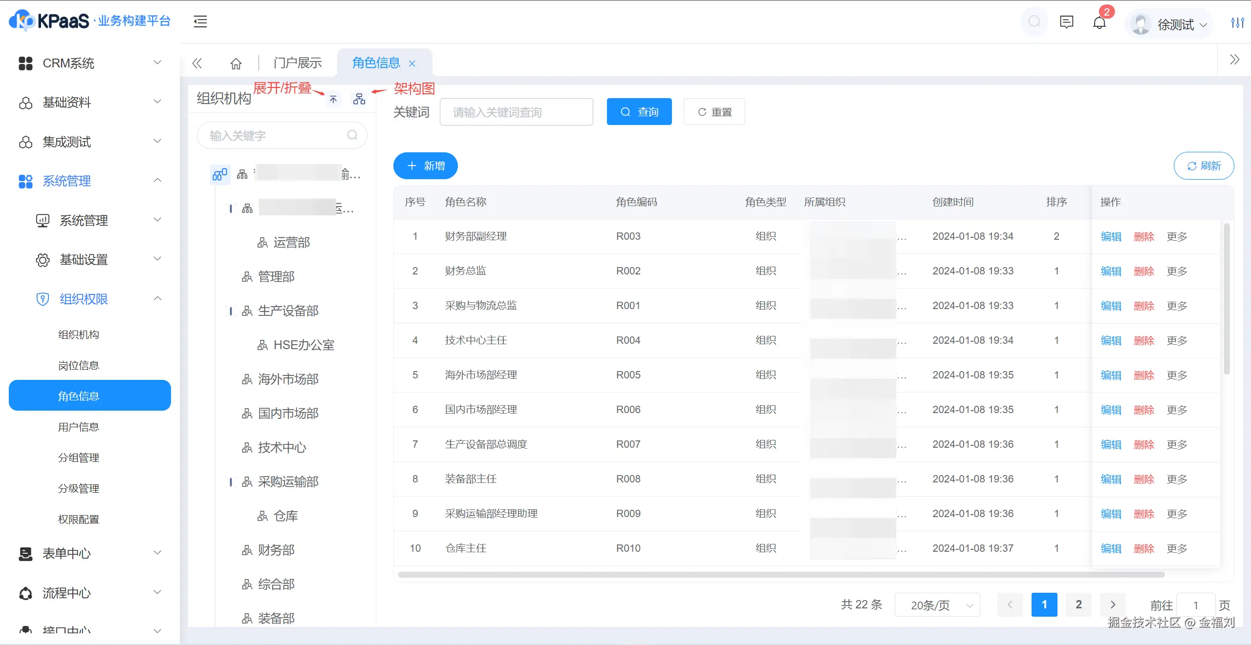 KPaaS业务集成扩展平台内的角色信息界面