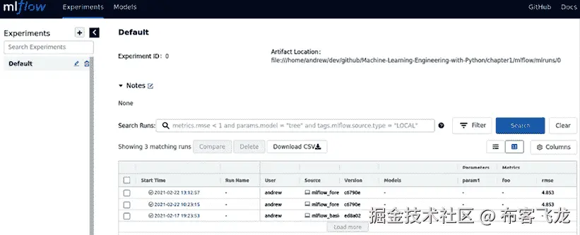 图 2.13 – MLflow 跟踪服务器 UI 和一些预测运行