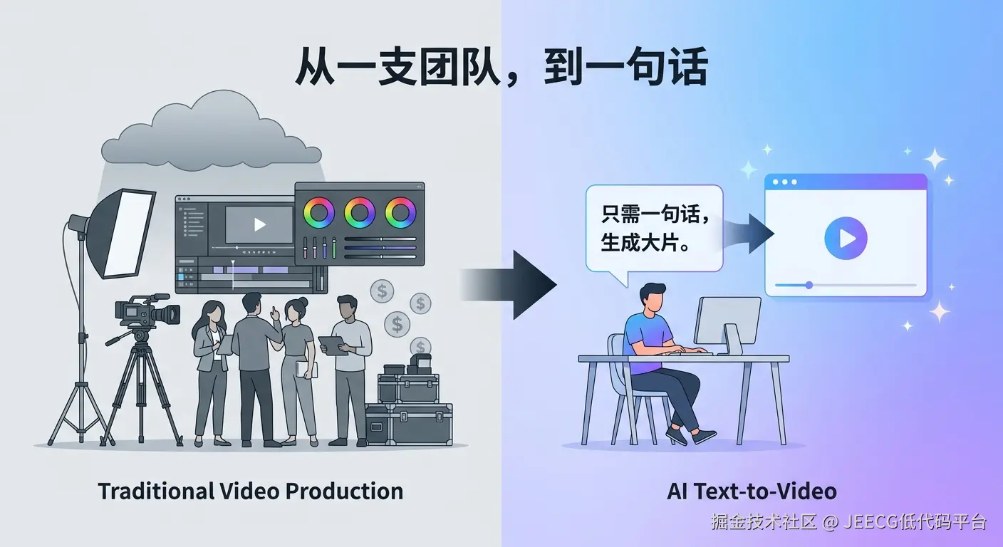 从一支团队到一句话：传统视频制作 vs AI 一句话生成