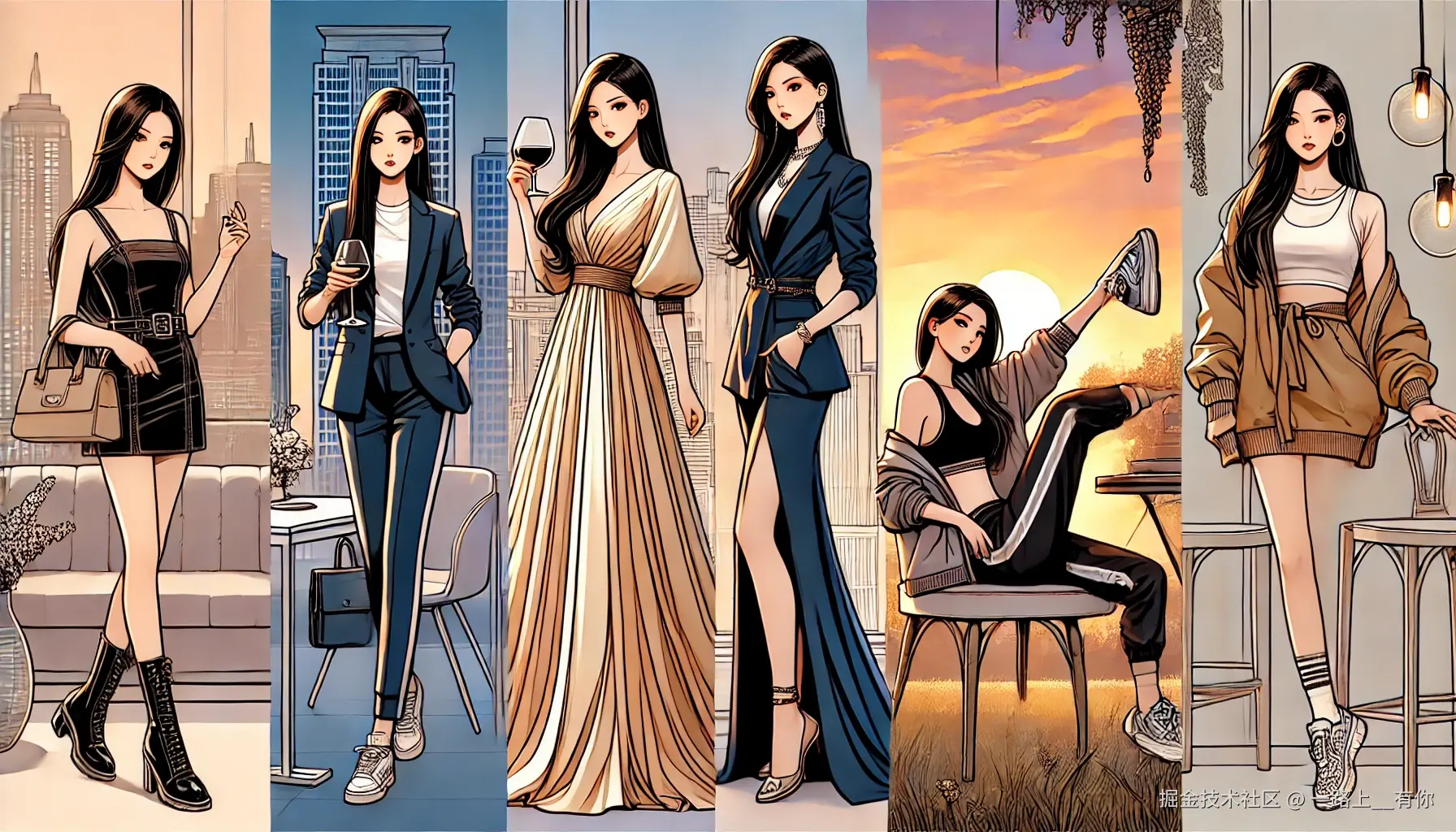 DALL·E 2024-09-25 14.44.30 - A long illustration featuring four modern Chinese women in a stylish and elegant setting. Each woman embodies a different style_ one is dressed in a s.webp