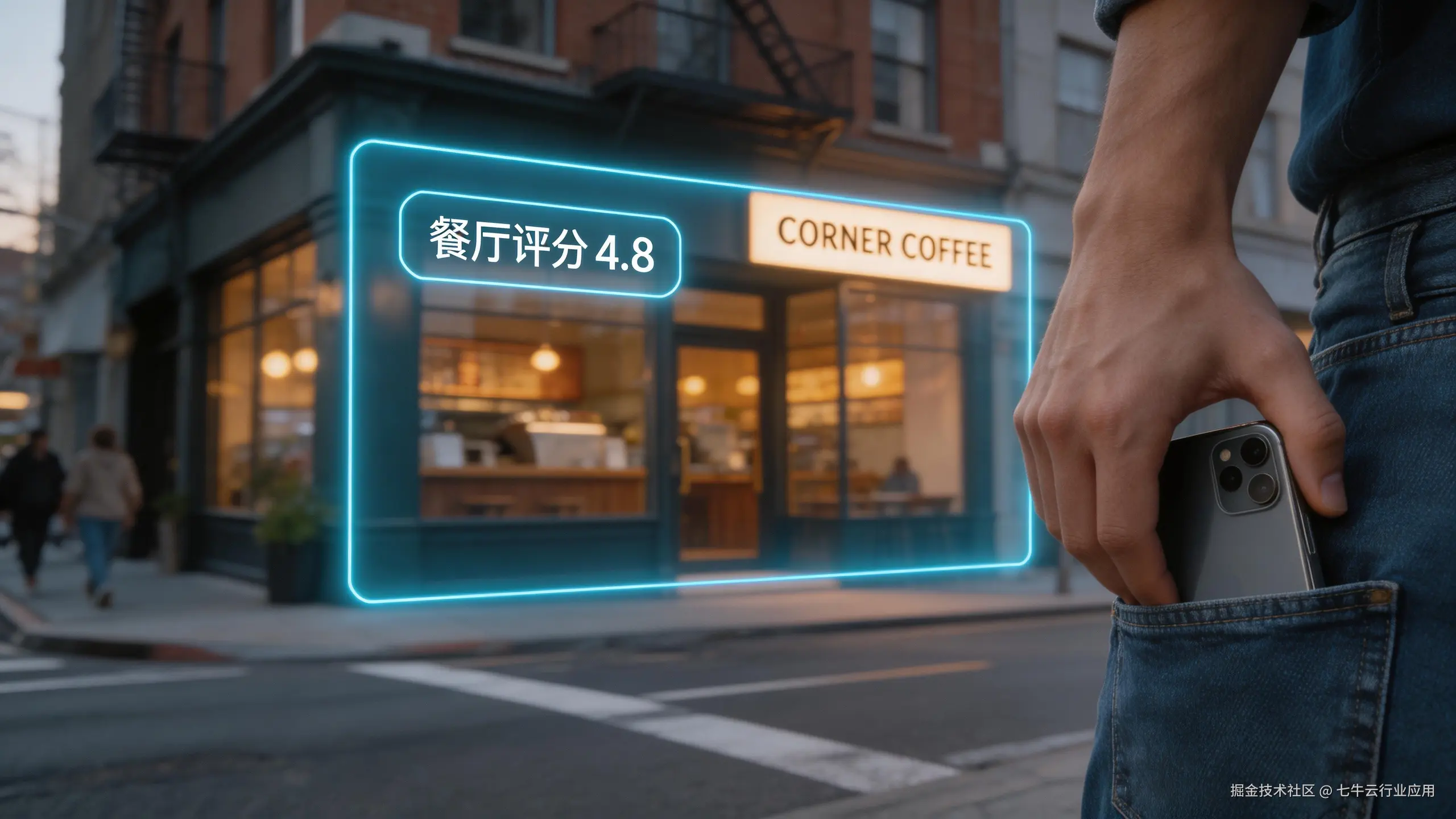 jimeng-2026-03-02-8219-第一人称视角的主观照片，视线前方是一家街角咖啡店，旁边用轻量级的发光线条勾勒出A....png
