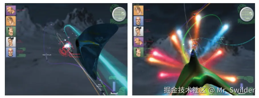 图13.12：使用广告牌的例子。图中平视显示（heads-up display，HUD）图形和星形弹道（projectile）都是屏幕对齐的广告牌。右图中巨大的泪滴状爆炸是一个面向视点的广告牌。曲线光柱是由一组相连四边形组合而成的轴向广告牌。为了创建一个连续的光柱，这些四边形会在它们的角上彼此连接，因此它们不再是严格的矩形。