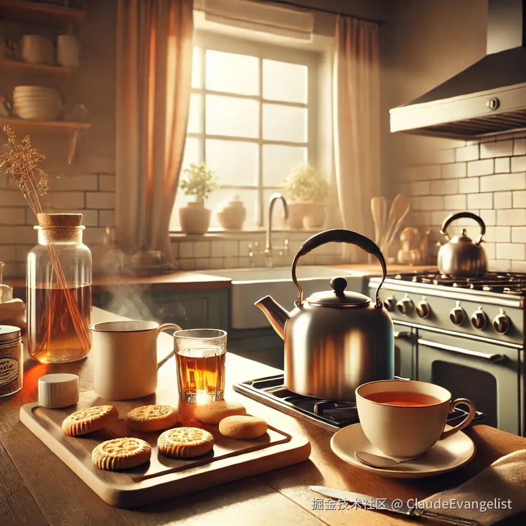 DALL·E 2024-11-07 22.13.55 - A cozy kitchen scene with a kettle on the stove starting to steam, a small tea setup with cups, a teapot, and biscuits on the counter. The scene shoul.webp