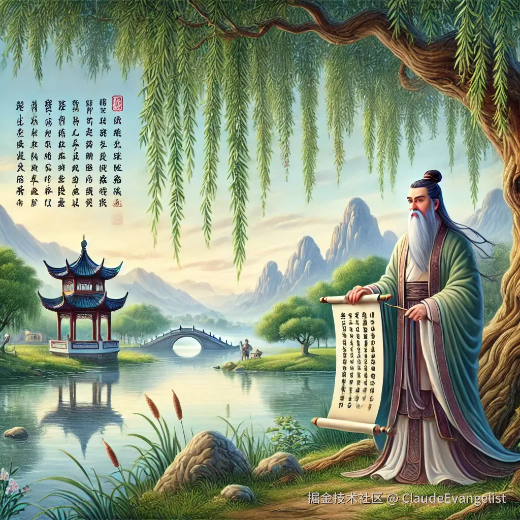 DALL·E 2024-12-12 00.24.40 - A serene scene illustrating the philosophy of forgiveness and justice in traditional Chinese culture. The image features an ancient scholar dressed in.webp