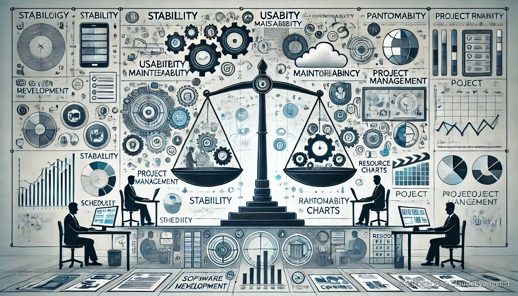 DALL·E 2024-12-12 15.18.53 - A professional illustration depicting the balance between technology and project management in a software development setting. On one side, technical .webp