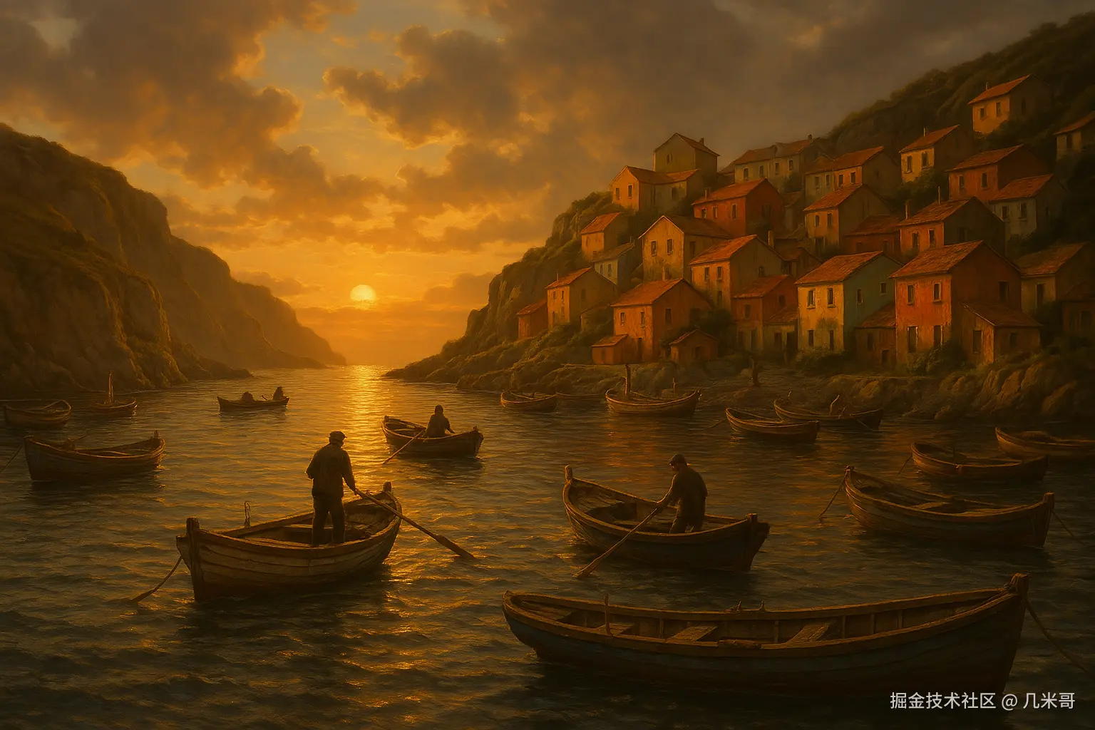 黄金日落渔村海岸风光