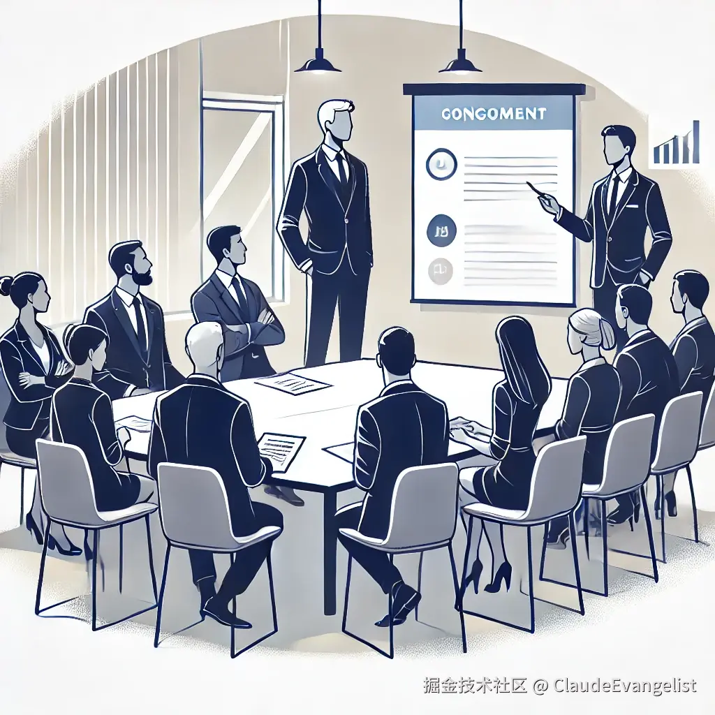 DALL·E 2024-11-15 22.42.43 - An illustration showing a group of people in a meeting room discussing a topic. One person is standing at the front, giving a final comment while othe.webp