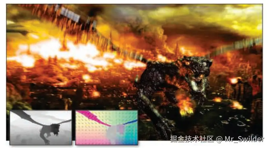 图12.20：运动模糊源自于物体和相机的相对运动。右下角展示了深度缓冲区和速度缓冲区的可视化结果。 [1173]