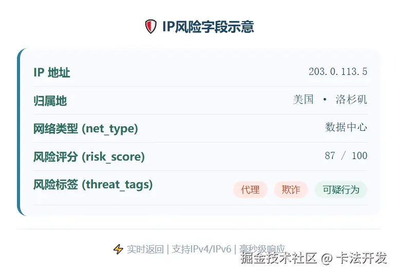 IP风险字段卡片：展示数据中心IP、风险评分、代理标签等字段示例。.png