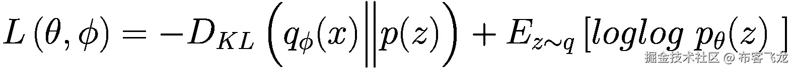L\left(\theta, \phi \right)=-{D}_{KL}\left({q}_{\phi }(x)\Big\Vert p(z)\right)+{E}_{z\sim q}\left[ loglog\ {p}_{\theta }(z)\ \right]