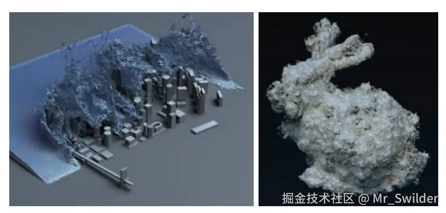 图13.27：体素应用程序。左侧：流体模拟是直接在稀疏体素网格上进行计算的，并将其渲染为一个体积。右侧：一个多边形的兔子模型被体素化成一个符号距离场，然后再使用噪声函数对其进行扰动，并对一个等值面进行渲染。 [1925]