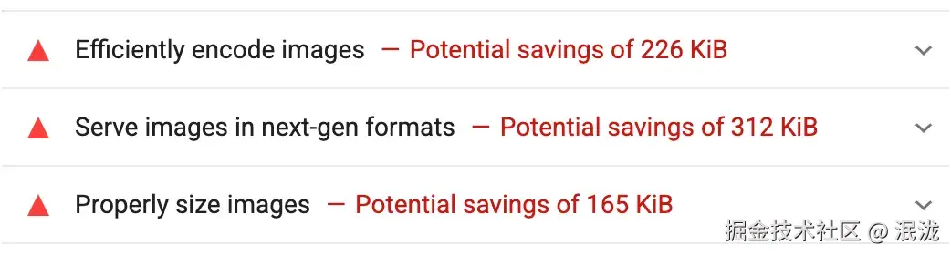The three image-optimization audits in a Lighthouse report