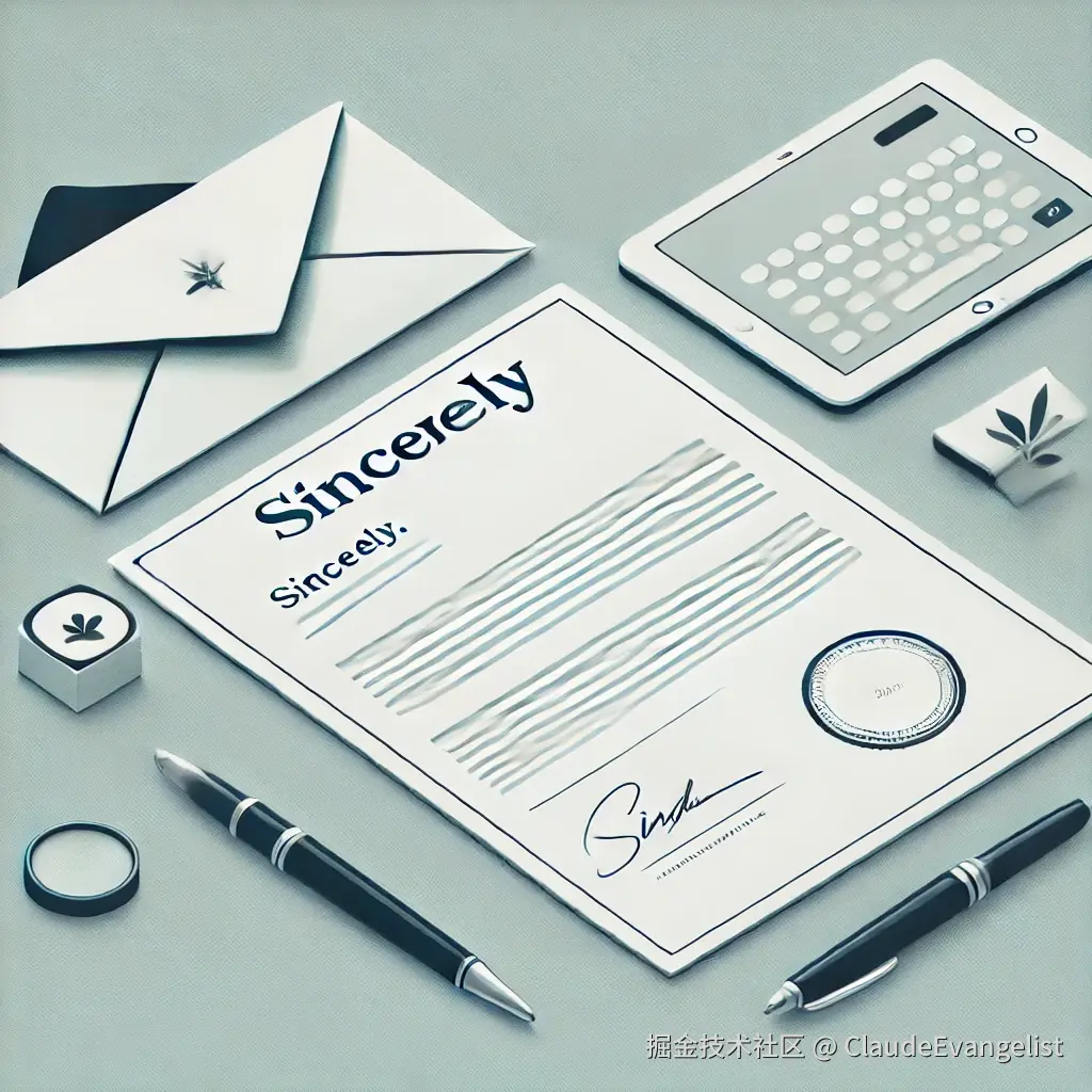DALL·E 2024-10-17 21.52.59 - An illustration showing a formal letter or email layout with the signature 'Sincerely' at the bottom, accompanied by a pen, a computer, and an envelop.webp
